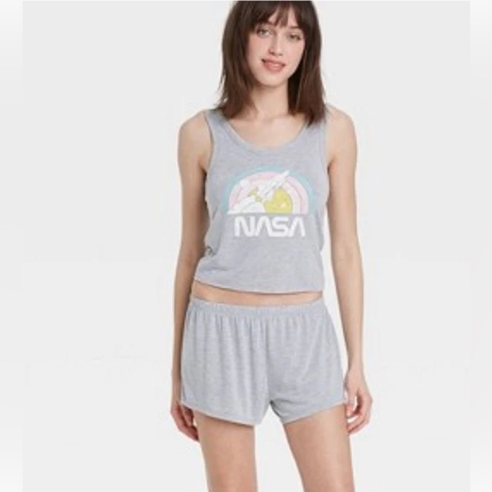 NASA Rainbow Rocket Graphic Sleep Tank Top Gray Women's Medium Pajama